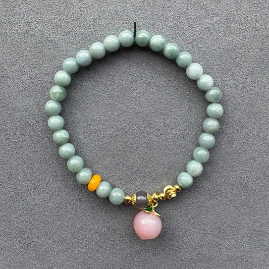 Blue Water Jadeite Jade Beaded Bracelet (6mm) with Agate Peach Charm