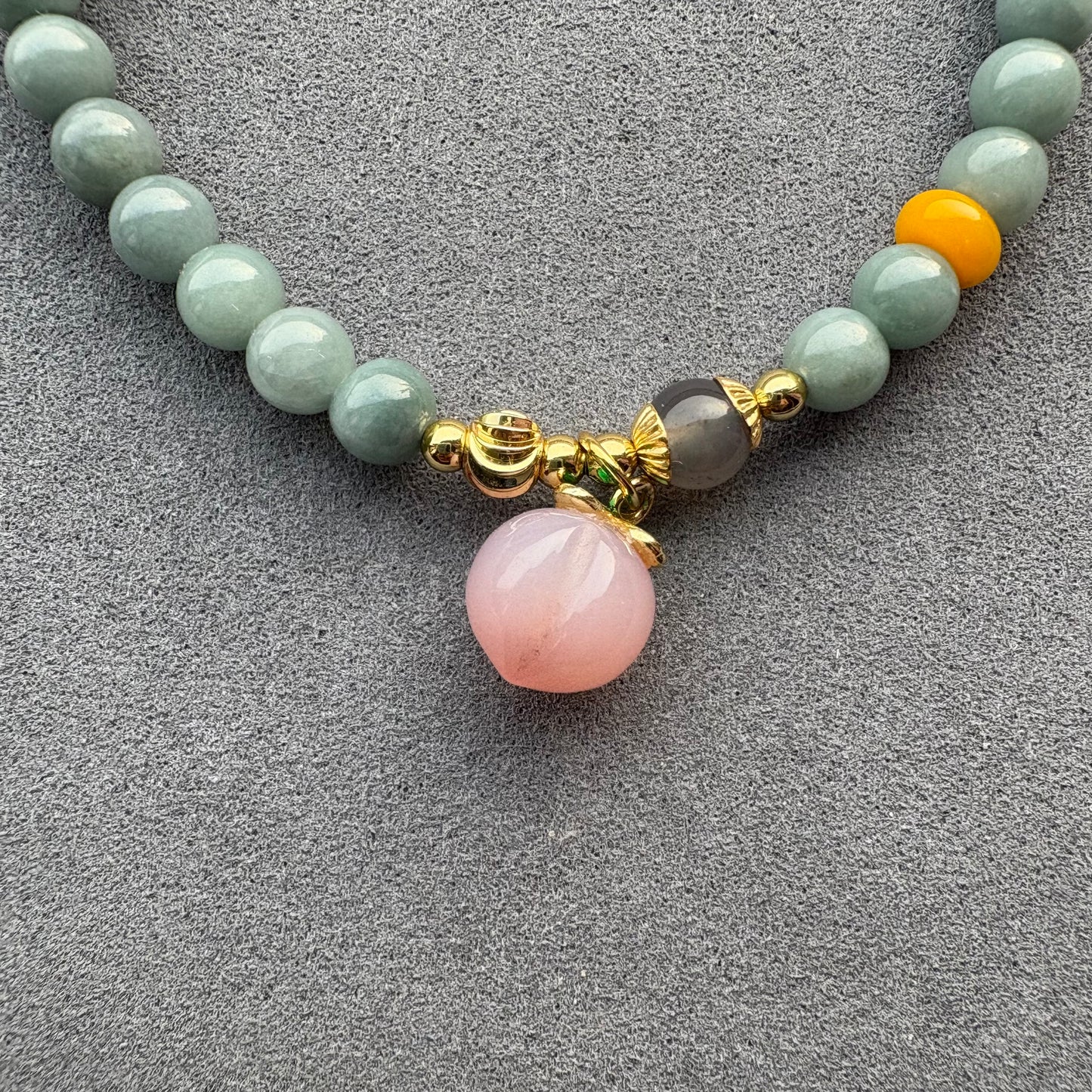 Blue Water Jadeite Jade Beaded Bracelet (6mm) with Agate Peach Charm