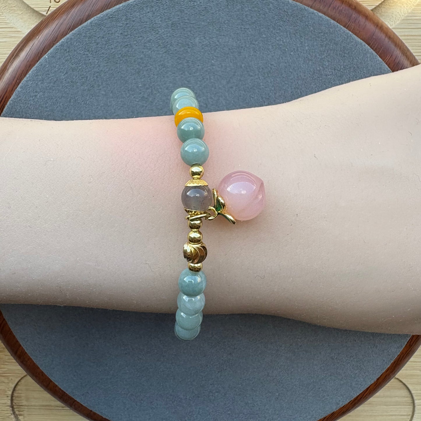 Blue Water Jadeite Jade Beaded Bracelet (6mm) with Agate Peach Charm