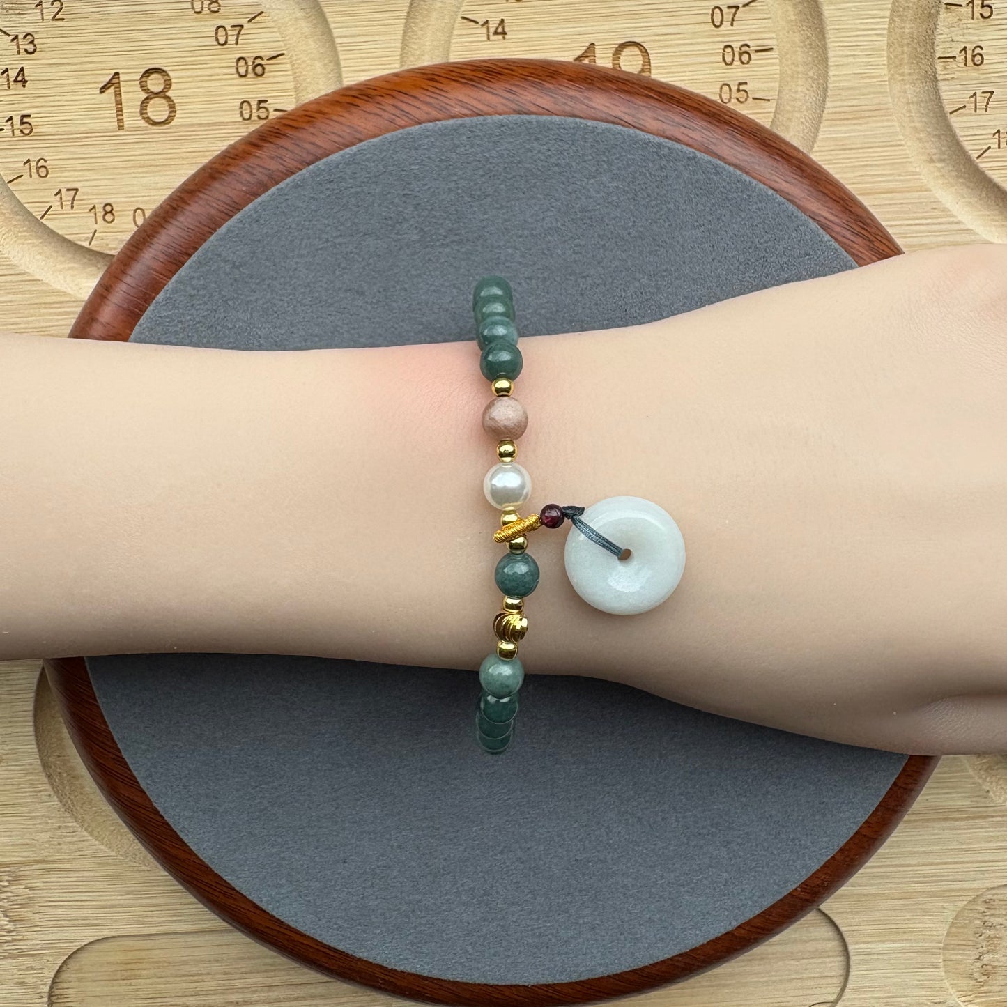 Blue Water Jadeite Jade Beaded Bracelet (6mm)  with Ping An Kou Pendant, Pearl, Sunstone and Gold-tone Accents