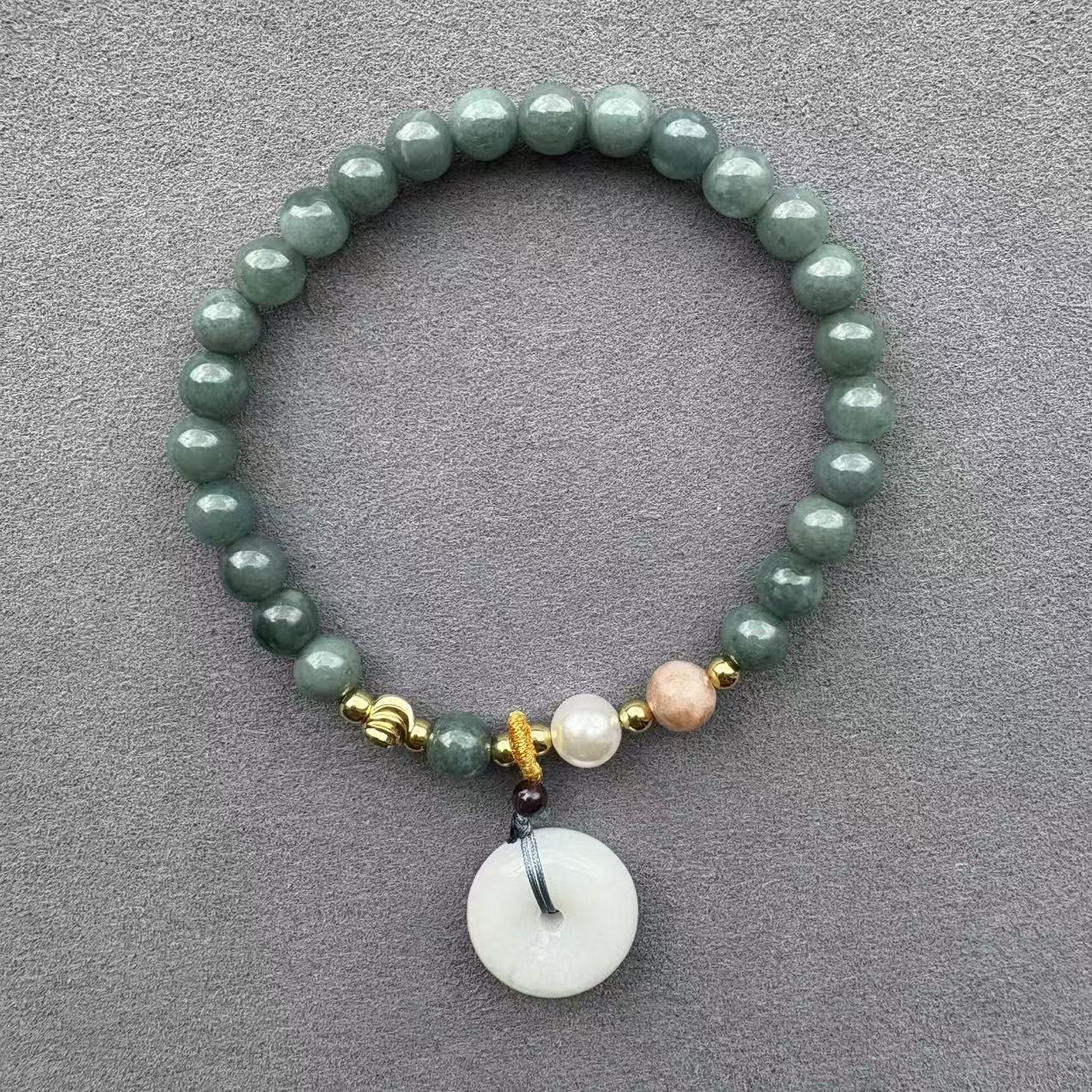 Blue Water Jadeite Jade Beaded Bracelet (6mm)  with Ping An Kou Pendant, Pearl, Sunstone and Gold-tone Accents