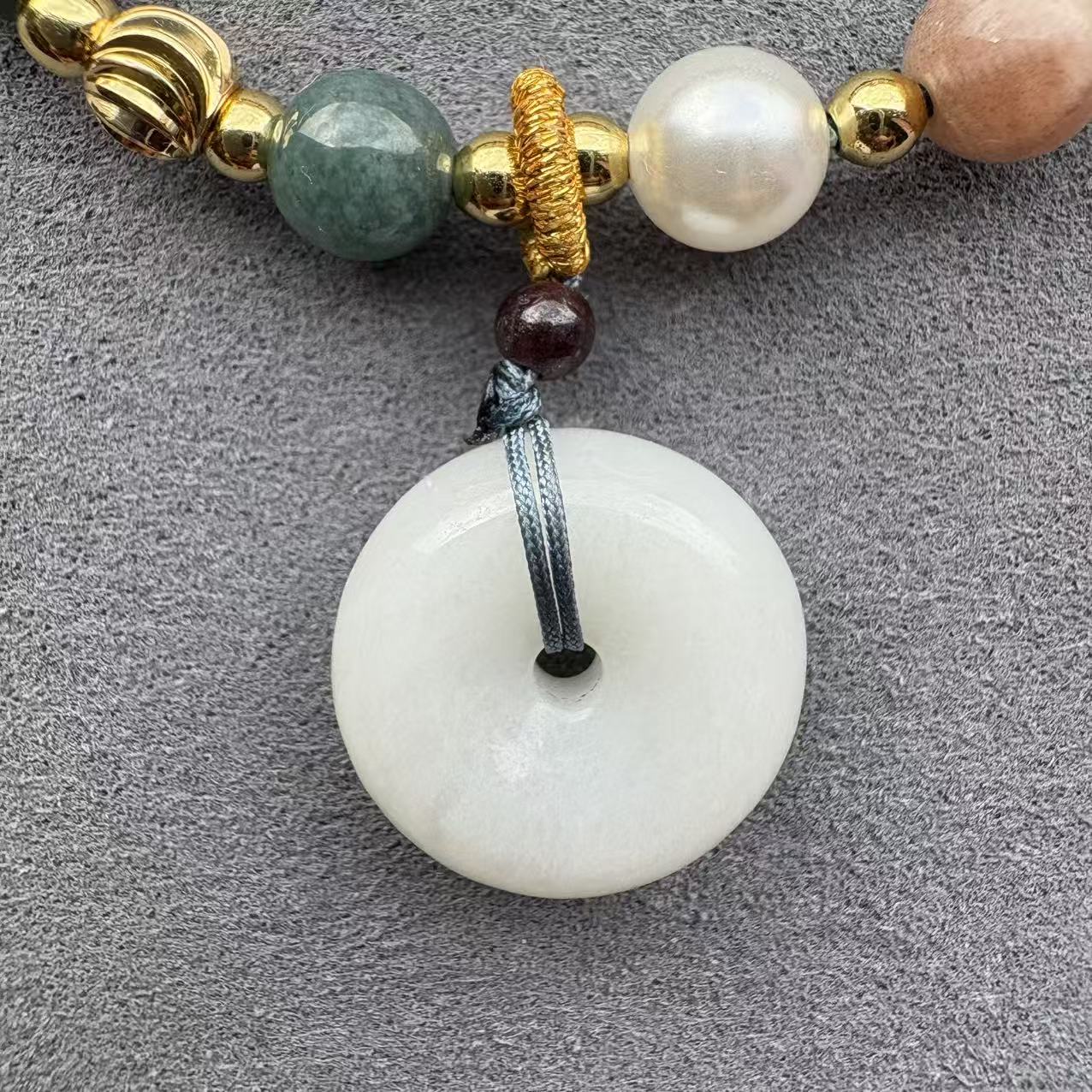 Blue Water Jadeite Jade Beaded Bracelet (6mm)  with Ping An Kou Pendant, Pearl, Sunstone and Gold-tone Accents