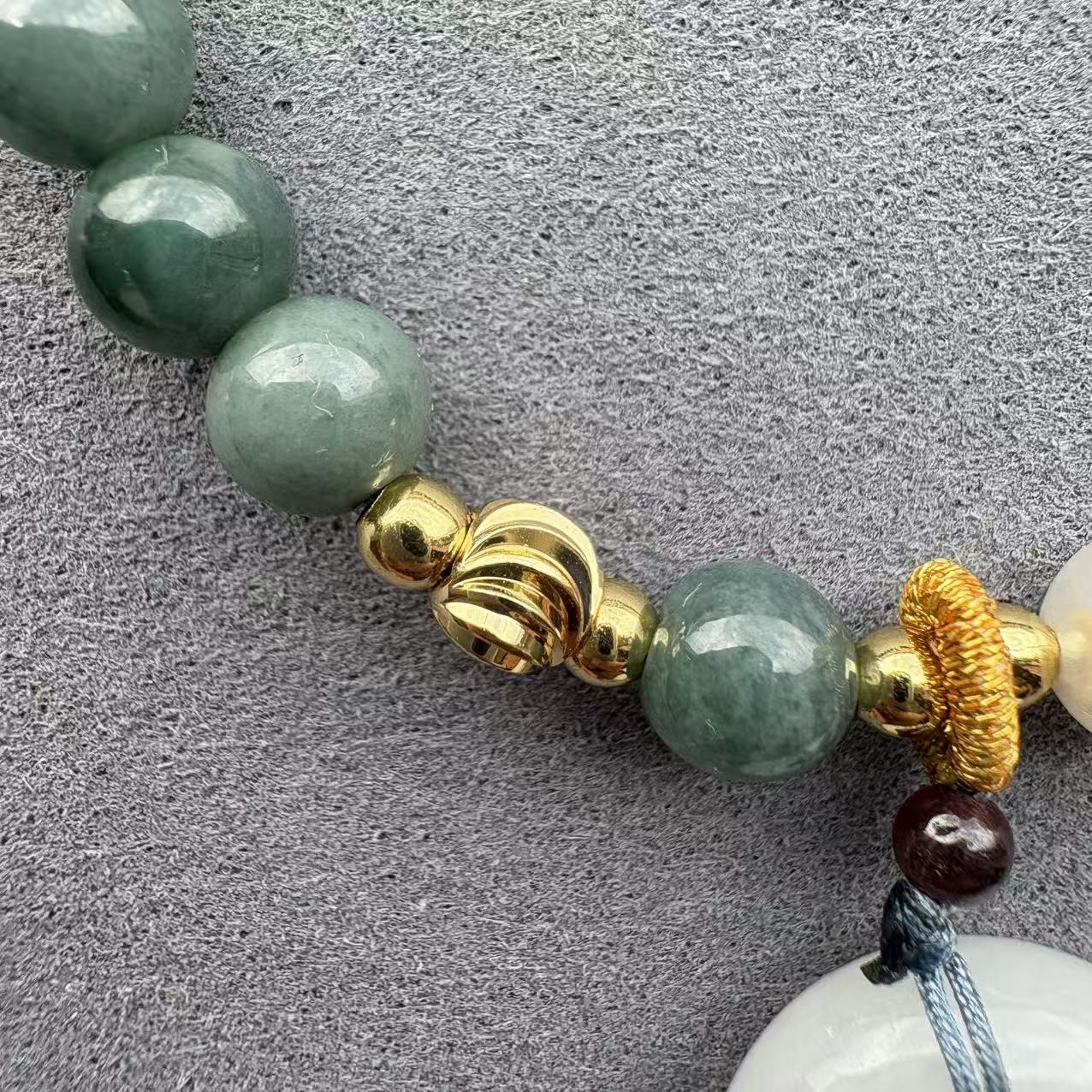 Blue Water Jadeite Jade Beaded Bracelet (6mm)  with Ping An Kou Pendant, Pearl, Sunstone and Gold-tone Accents