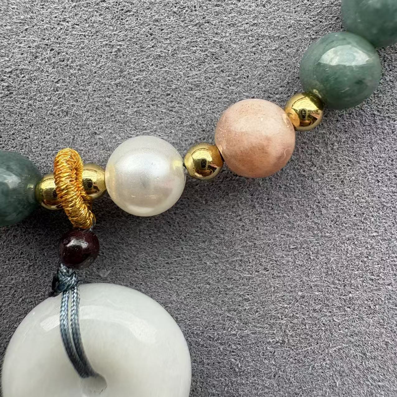 Blue Water Jadeite Jade Beaded Bracelet (6mm)  with Ping An Kou Pendant, Pearl, Sunstone and Gold-tone Accents
