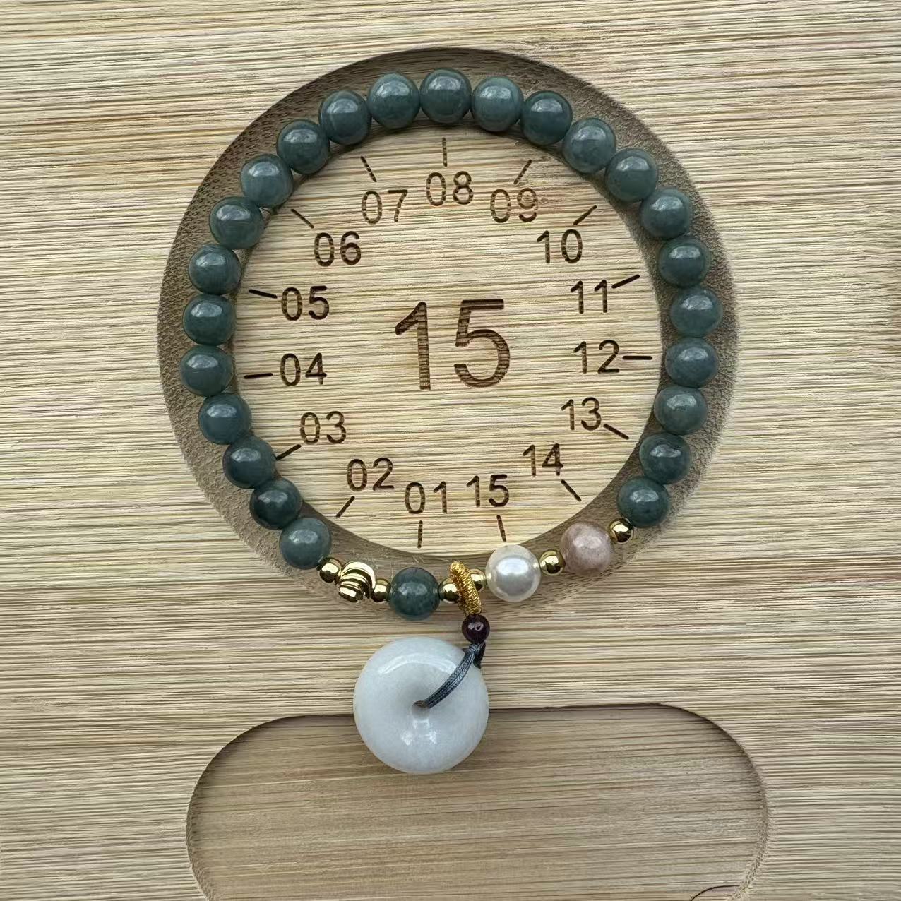 Blue Water Jadeite Jade Beaded Bracelet (6mm)  with Ping An Kou Pendant, Pearl, Sunstone and Gold-tone Accents