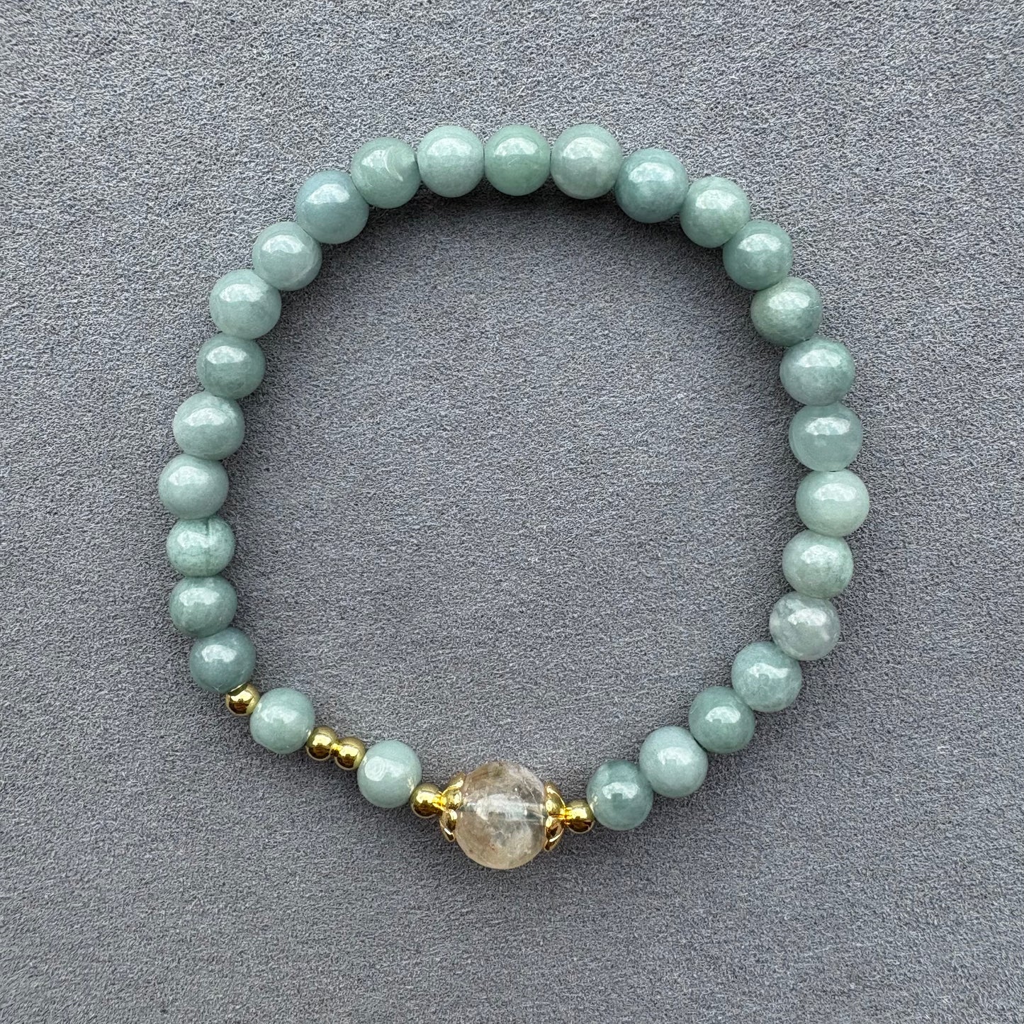Blue Water Jadeite Jade Beaded Bracelet (6mm) with Yellow Phantom Quartz and Gold-tone Accents