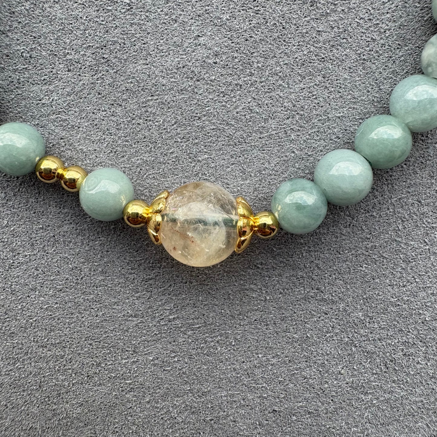 Blue Water Jadeite Jade Beaded Bracelet (6mm) with Yellow Phantom Quartz and Gold-tone Accents