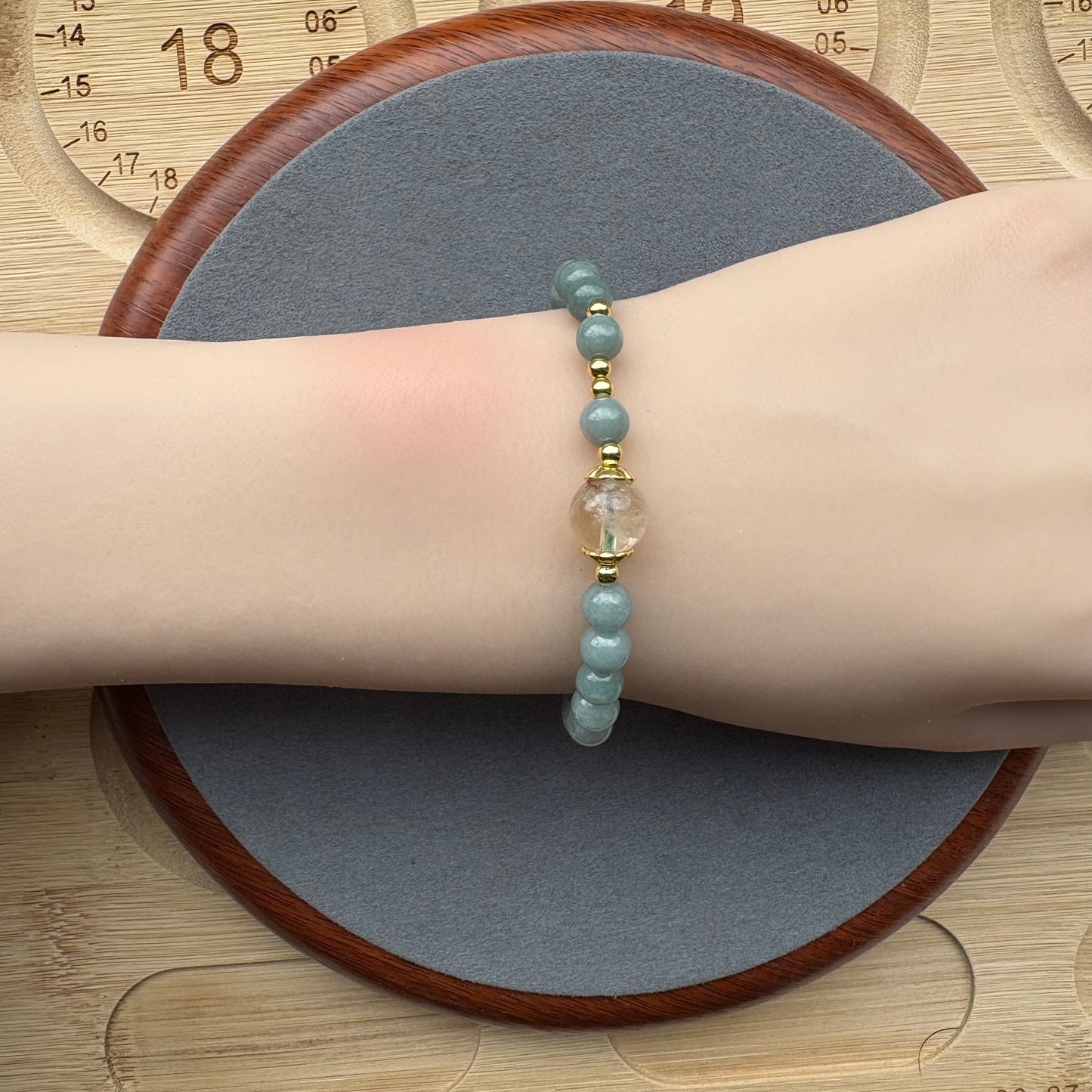 Blue Water Jadeite Jade Beaded Bracelet (6mm) with Yellow Phantom Quartz and Gold-tone Accents