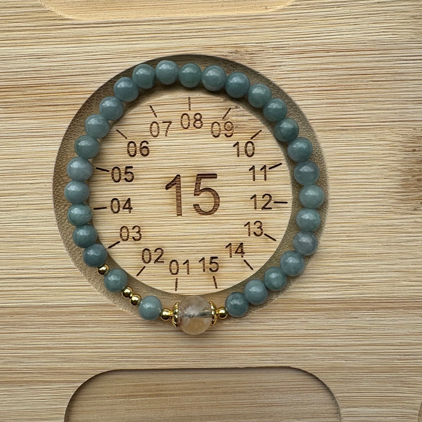 Blue Water Jadeite Jade Beaded Bracelet (6mm) with Yellow Phantom Quartz and Gold-tone Accents